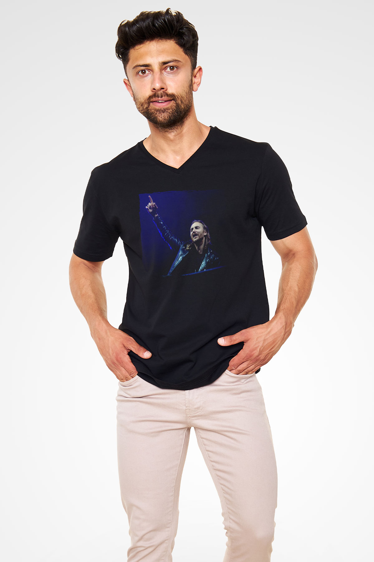 David Guetta Siyah Unisex V Yaka Tişört