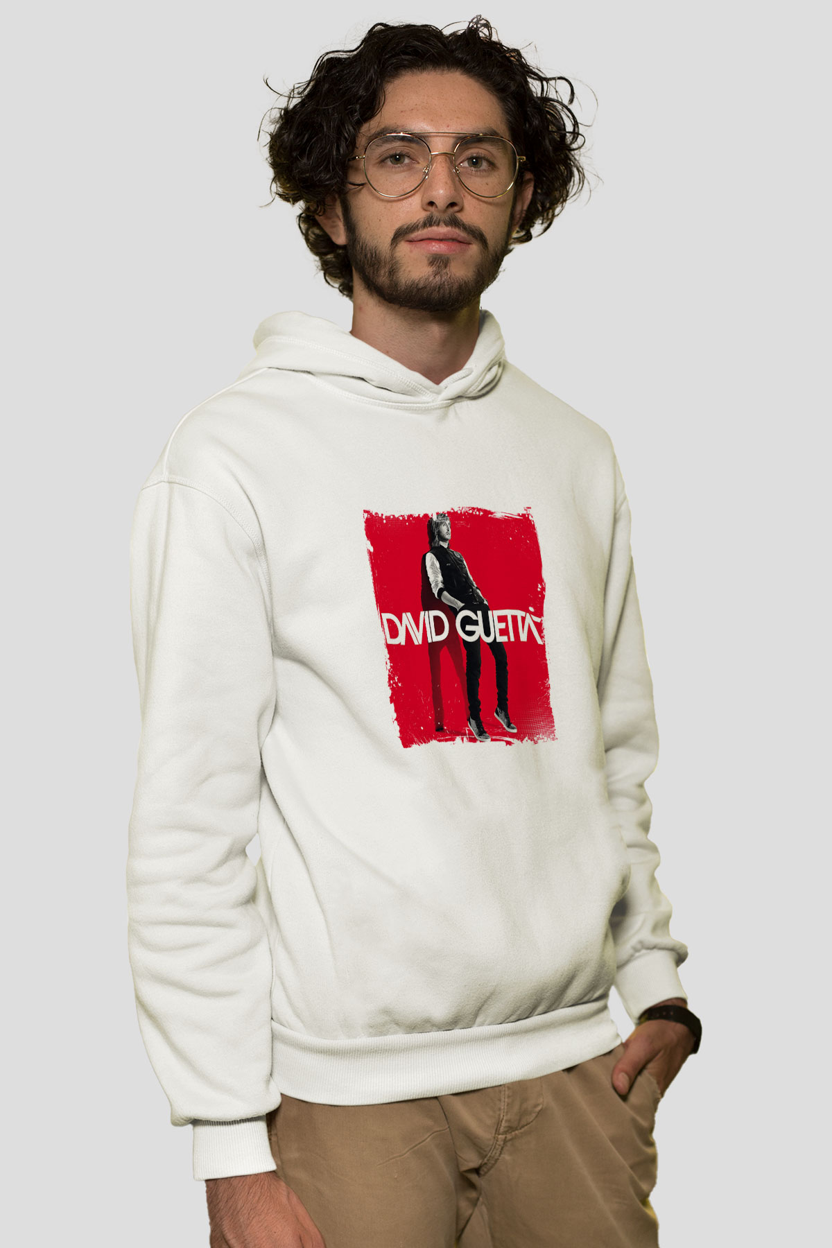 David GuettaBaskılı Beyaz Hoodie