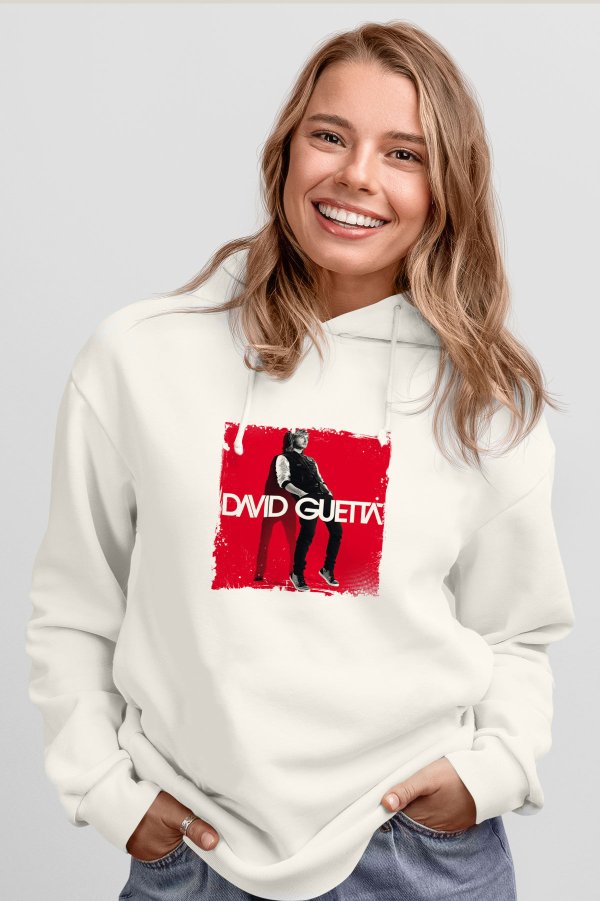 David GuettaBaskılı Beyaz Hoodie