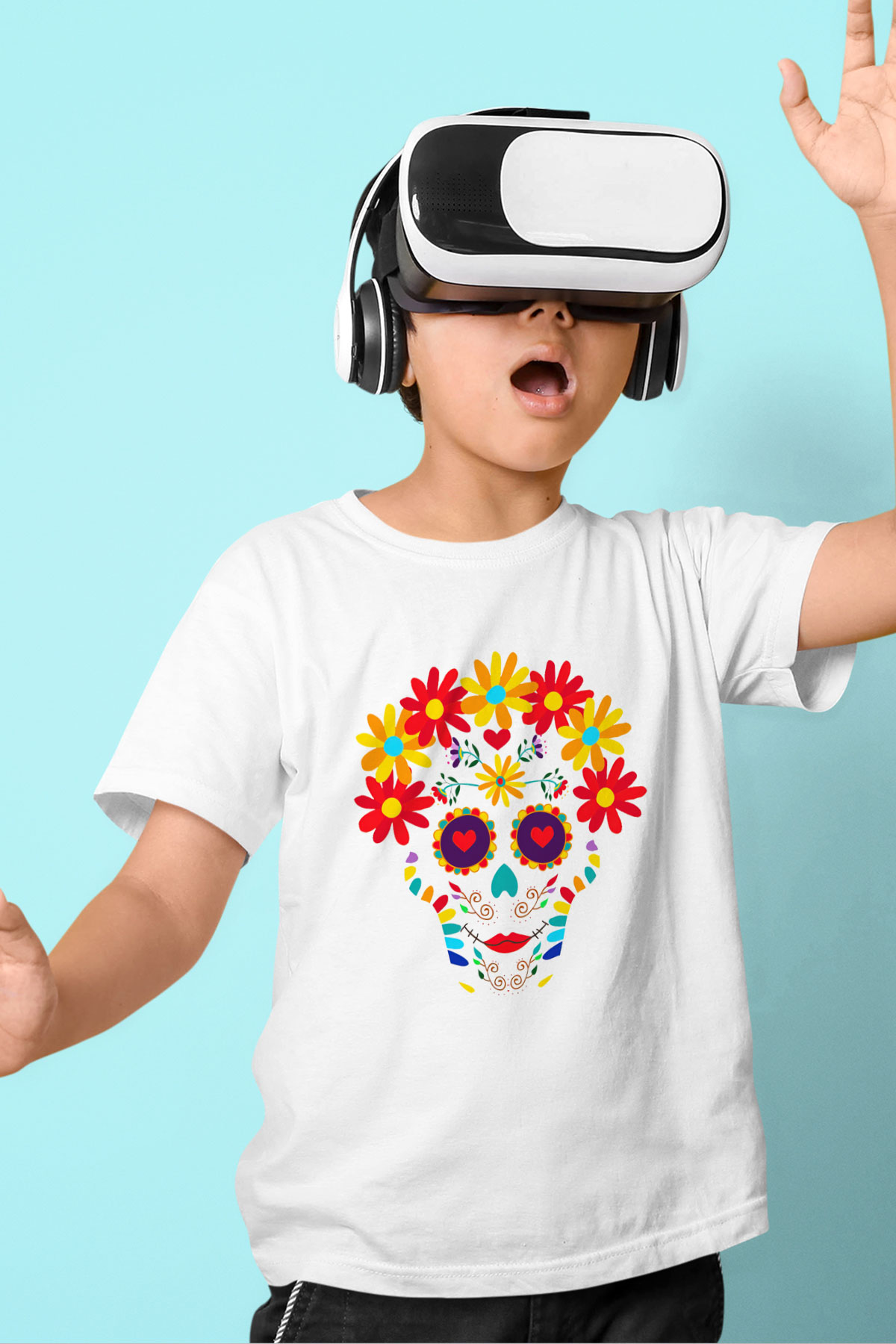Day of the Dead Baskılı Beyaz Unisex Çocuk Tişört