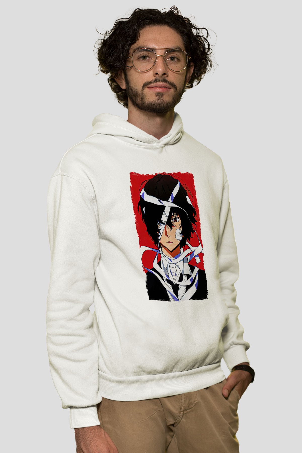 Dazai Baskılı Beyaz Unisex Hoodie
