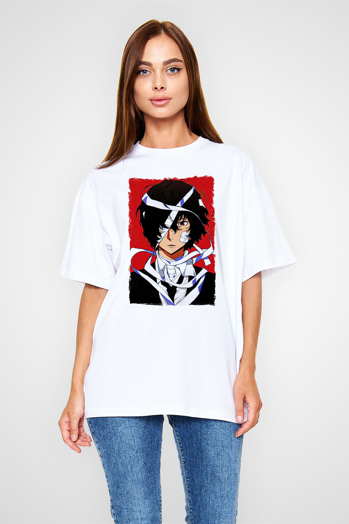 Dazai Baskılı Beyaz Unisex Oversize Tişört - Tshirt