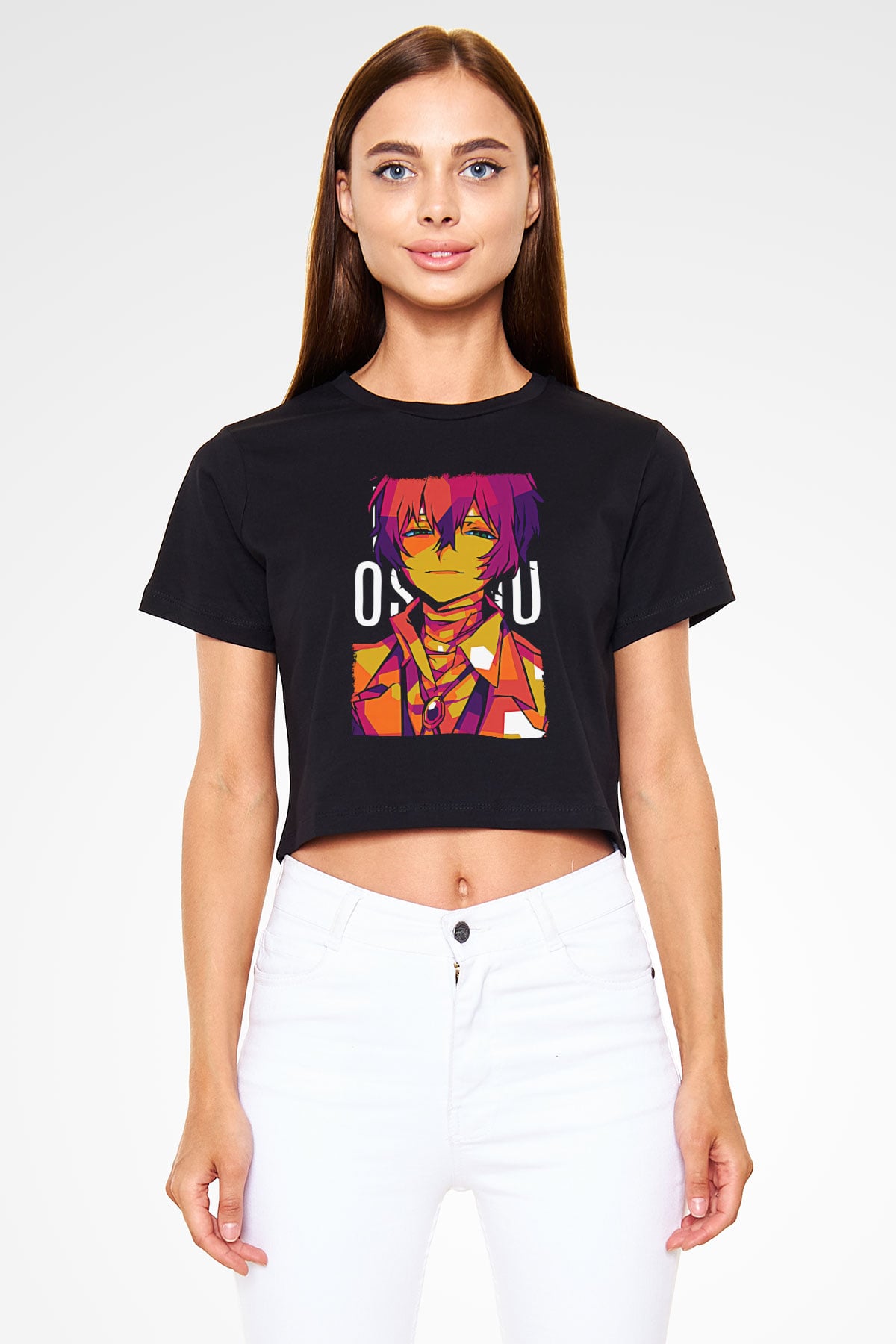 Dazai Baskılı Siyah Crop Top Kadın Tişört - Tshirt