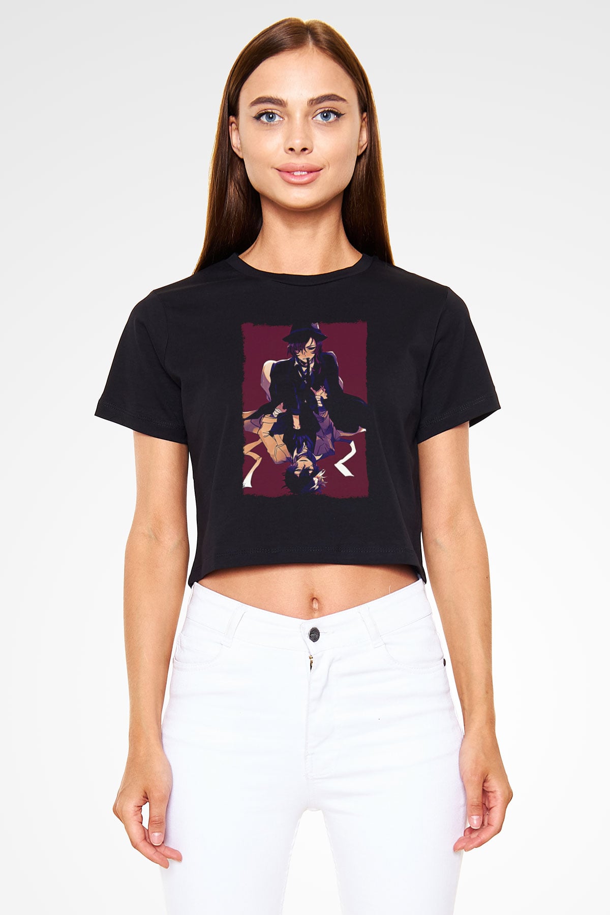 Dazai Baskılı Siyah Crop Top Kadın Tişört - Tshirt