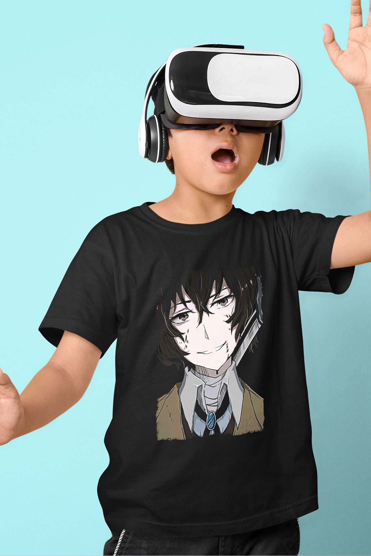 Dazai Baskılı Unisex Siyah Çocuk Tişört - Tshirt