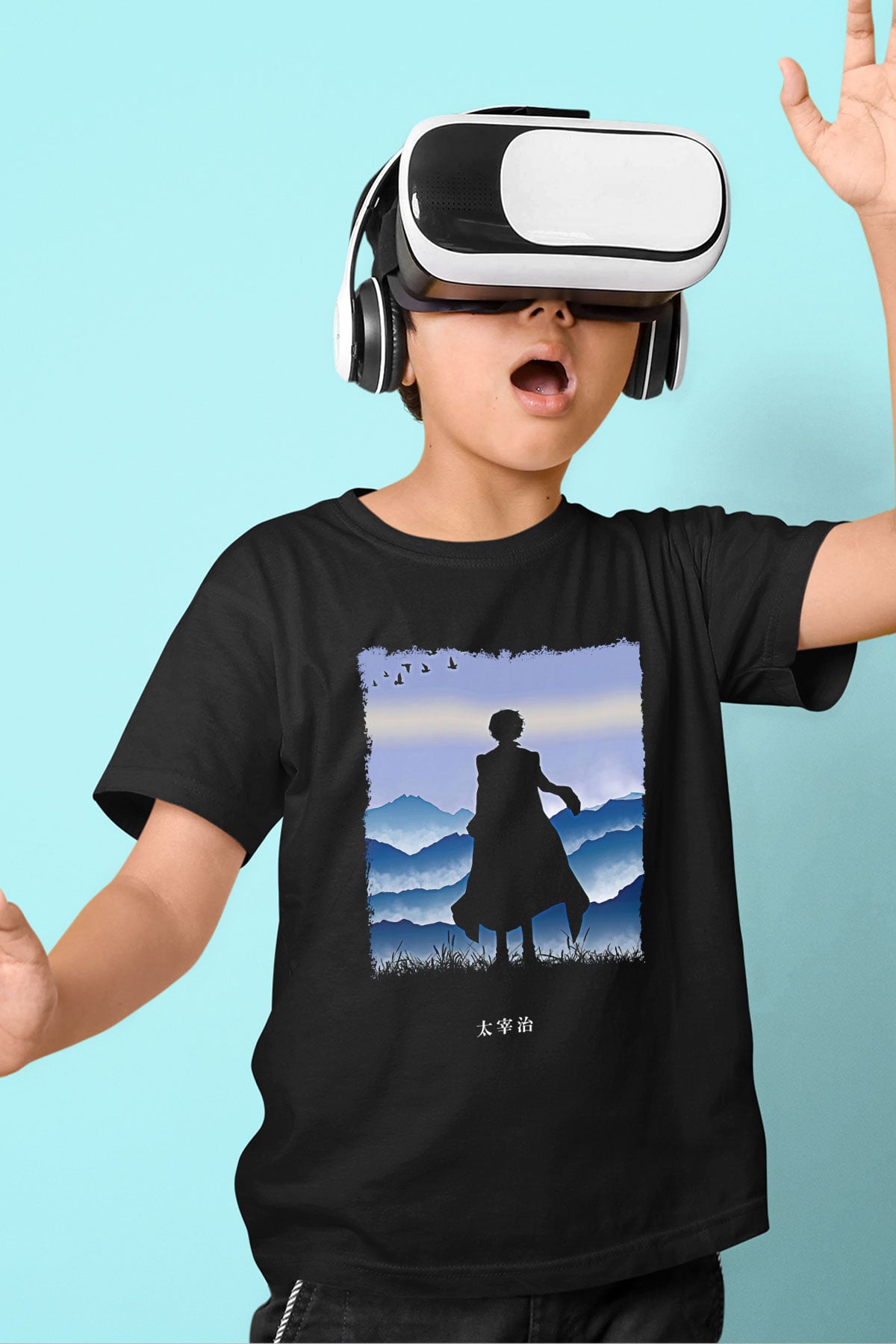 Dazai Baskılı Unisex Siyah Çocuk Tişört - Tshirt