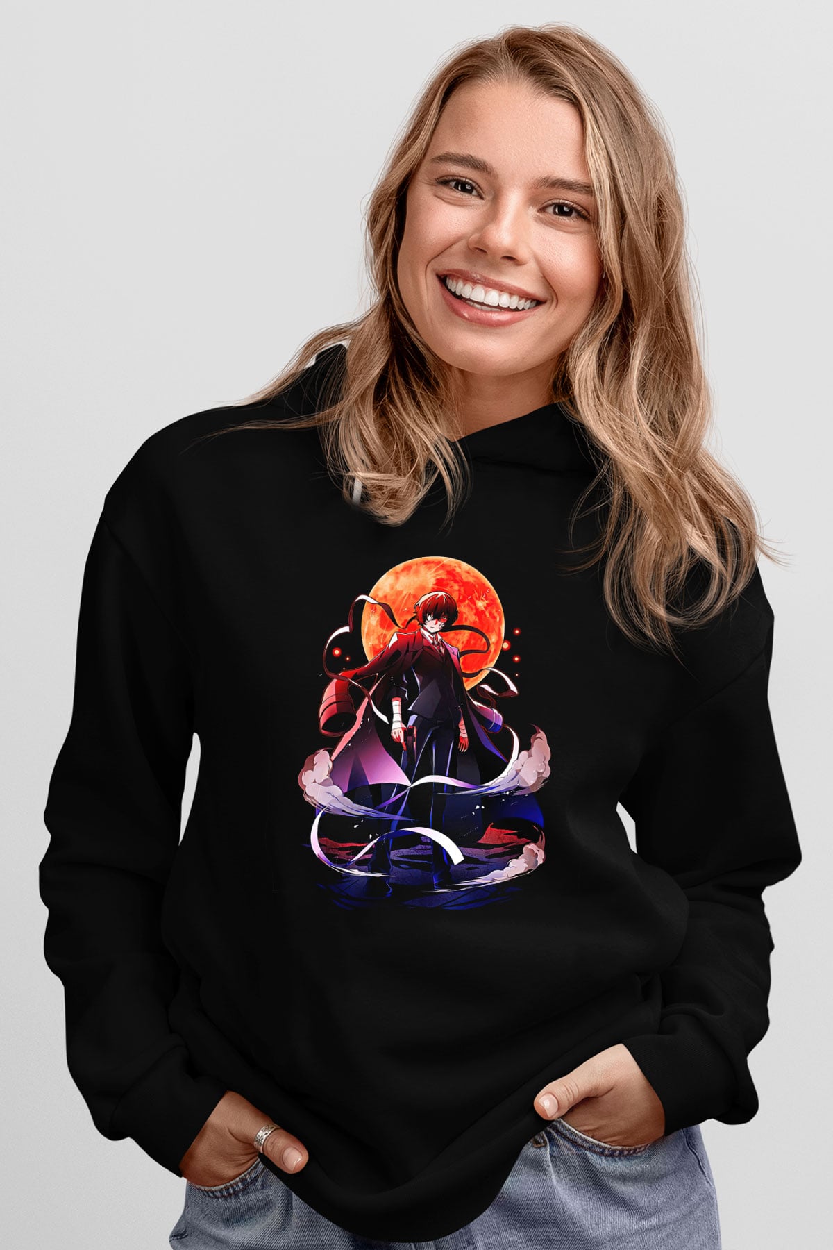 Dazai Baskılı Unisex Siyah Hoodie