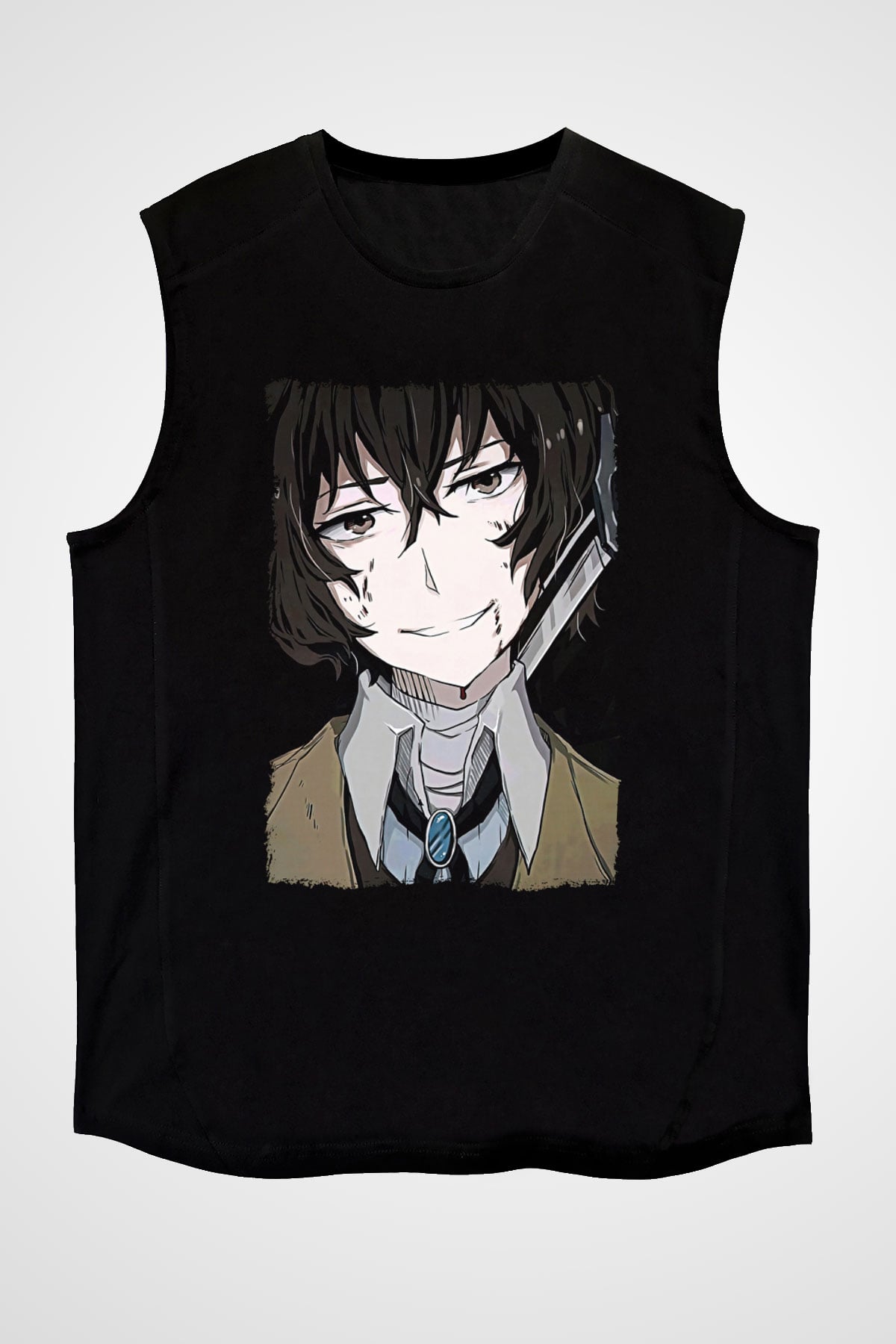 Dazai Baskılı Unisex Siyah Kolsuz Tişört - Tshirt