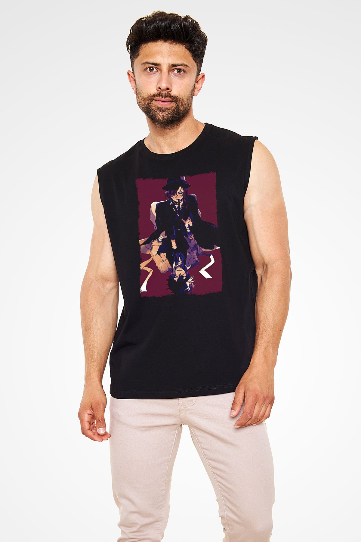 Dazai Baskılı Unisex Siyah Kolsuz Tişört - Tshirt