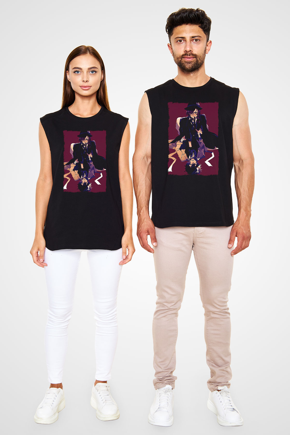 Dazai Baskılı Unisex Siyah Kolsuz Tişört - Tshirt