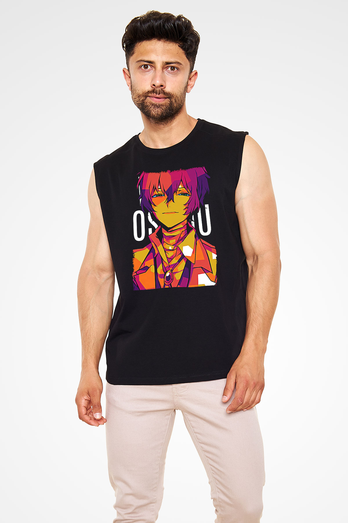 Dazai Baskılı Unisex Siyah Kolsuz Tişört - Tshirt