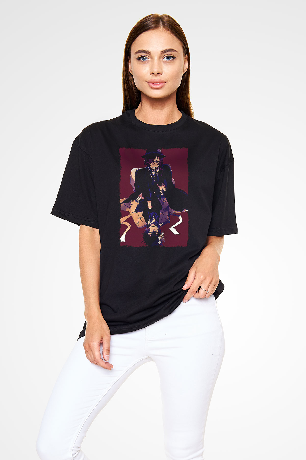 Dazai Baskılı Unisex Siyah Oversize Tişört - Tshirt
