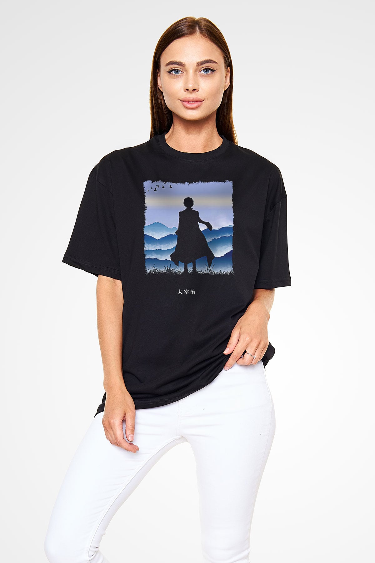 Dazai Baskılı Unisex Siyah Oversize Tişört - Tshirt