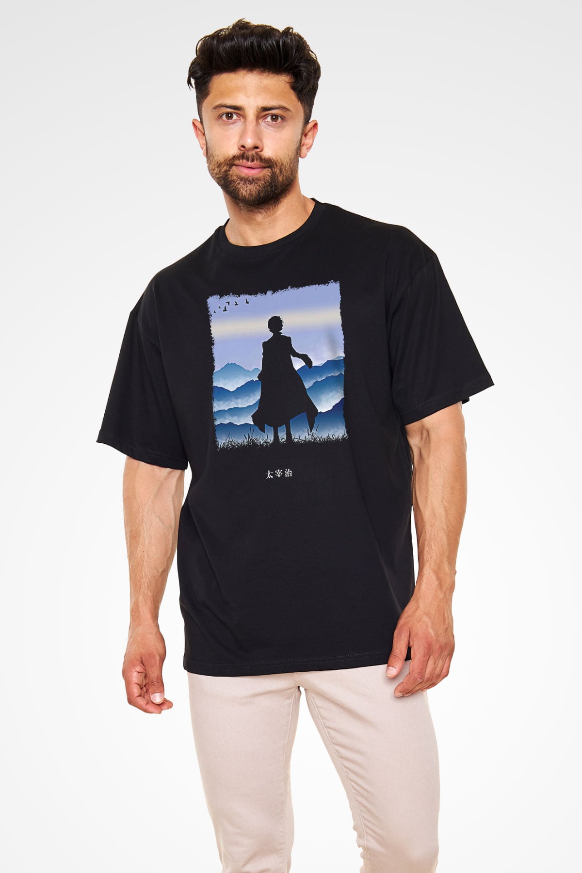 Dazai Baskılı Unisex Siyah Oversize Tişört - Tshirt