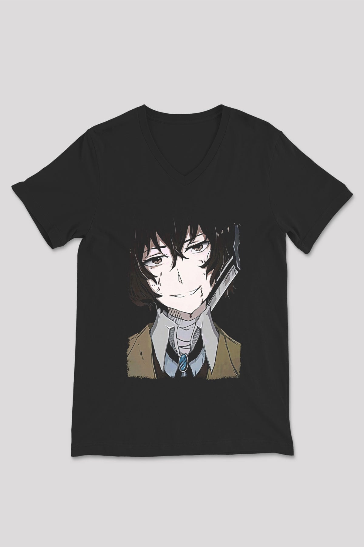 Dazai Baskılı Unisex Siyah V Yaka Tişört - Tshirt