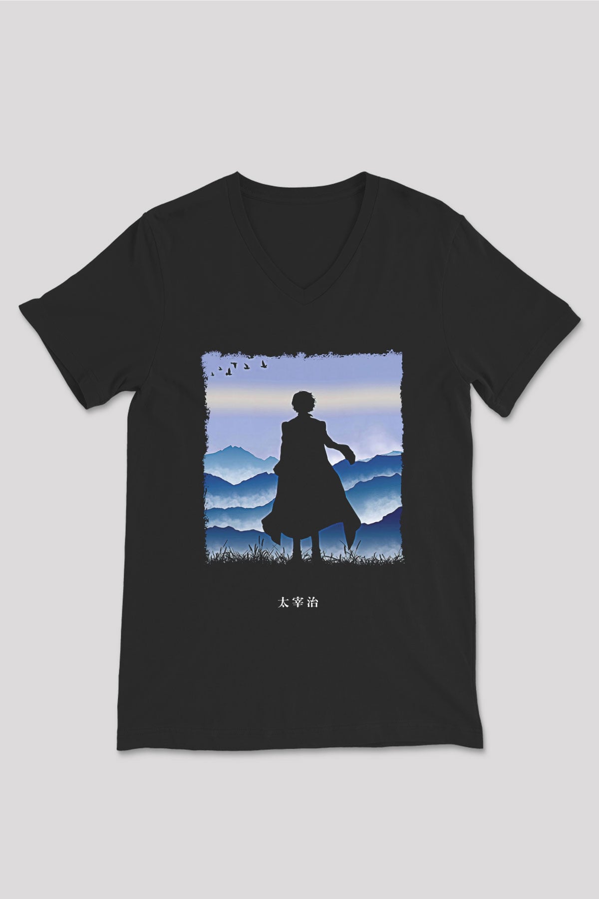 Dazai Baskılı Unisex Siyah V Yaka Tişört - Tshirt