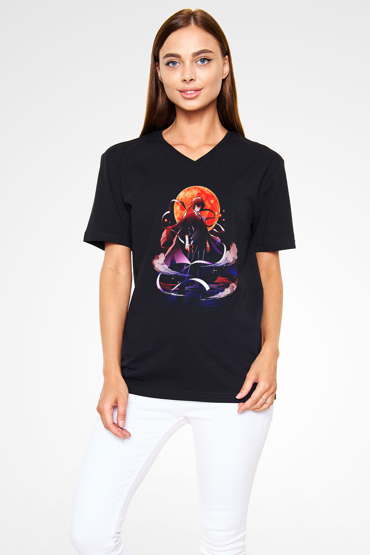 Dazai Baskılı Unisex Siyah V Yaka Tişört - Tshirt