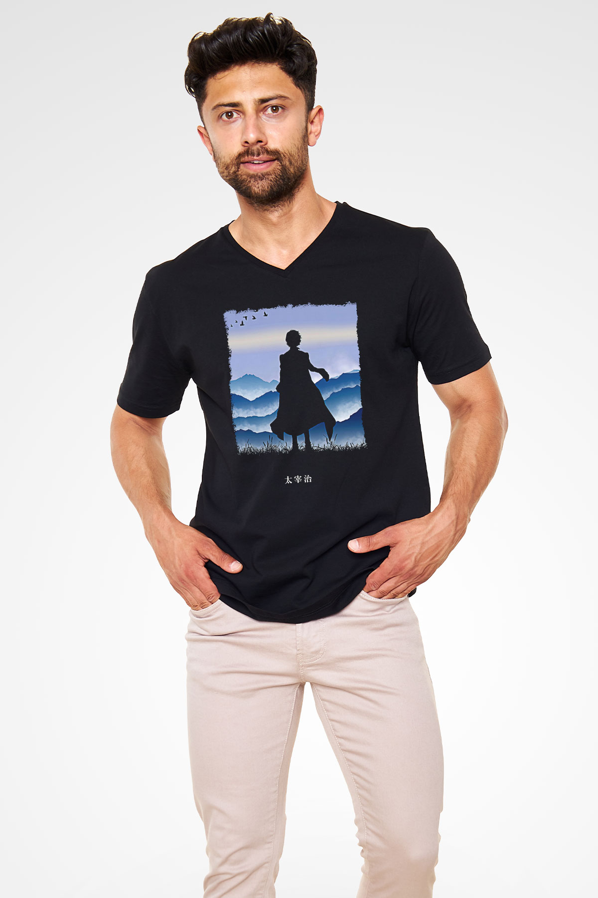 Dazai Baskılı Unisex Siyah V Yaka Tişört - Tshirt