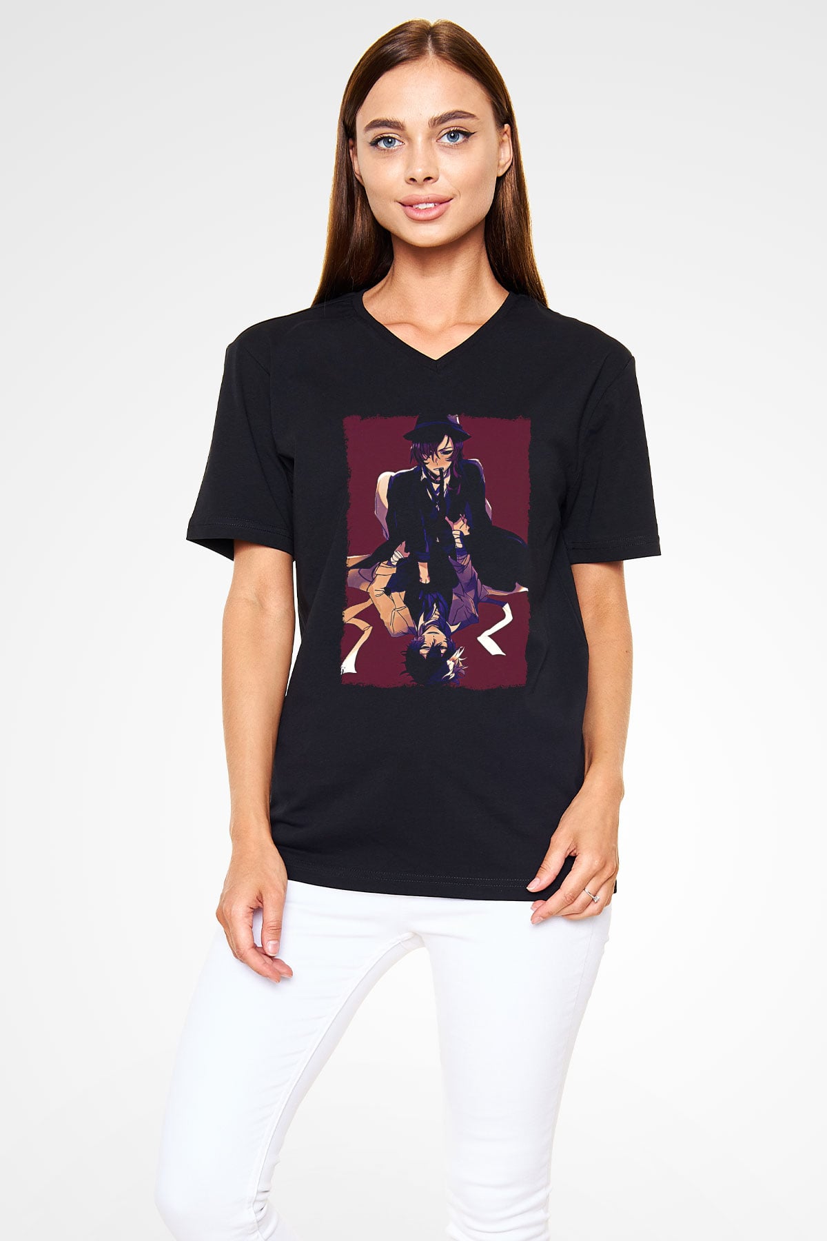 Dazai Baskılı Unisex Siyah V Yaka Tişört - Tshirt