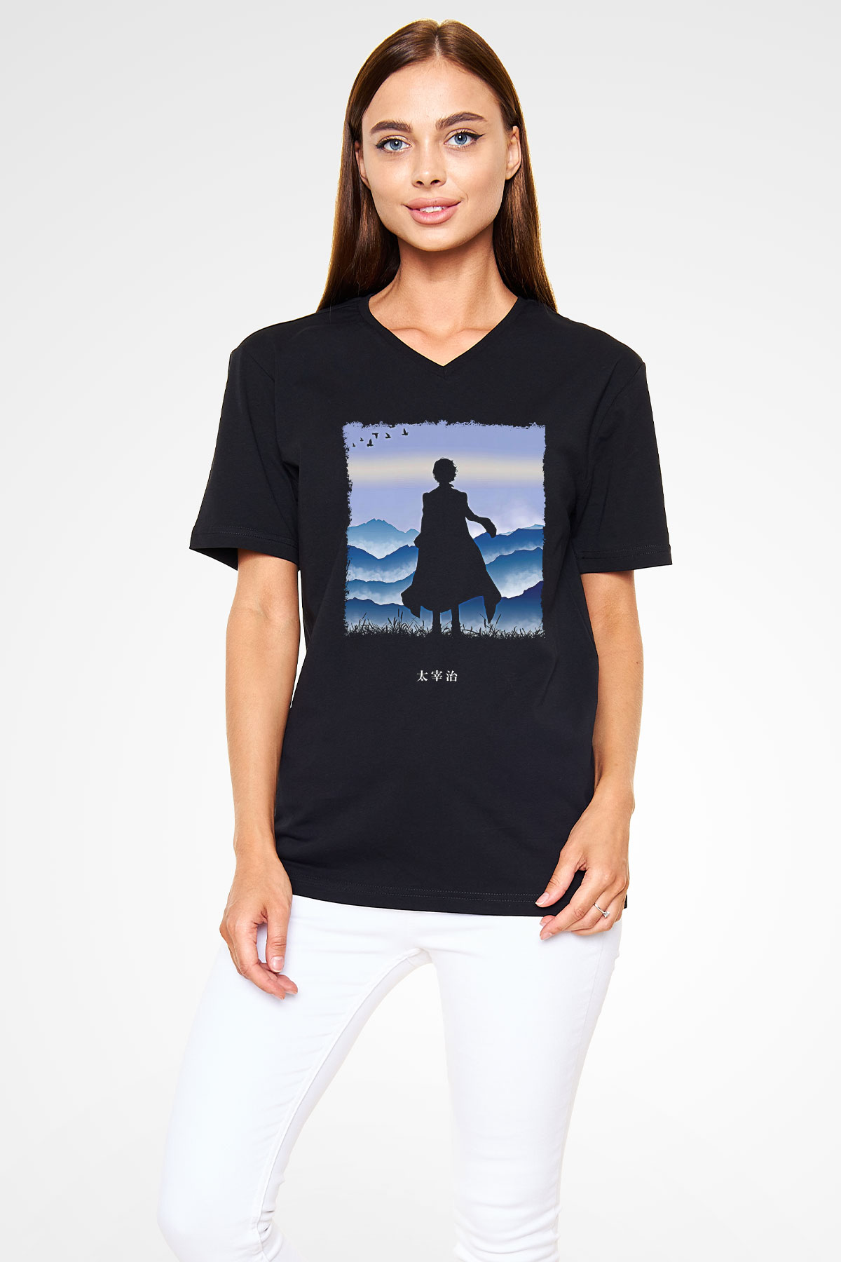 Dazai Baskılı Unisex Siyah V Yaka Tişört - Tshirt