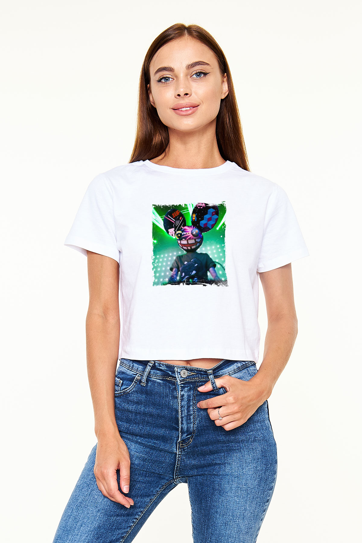 Deadmau5 Baskılı Beyaz Kadın Crop Top Tişört