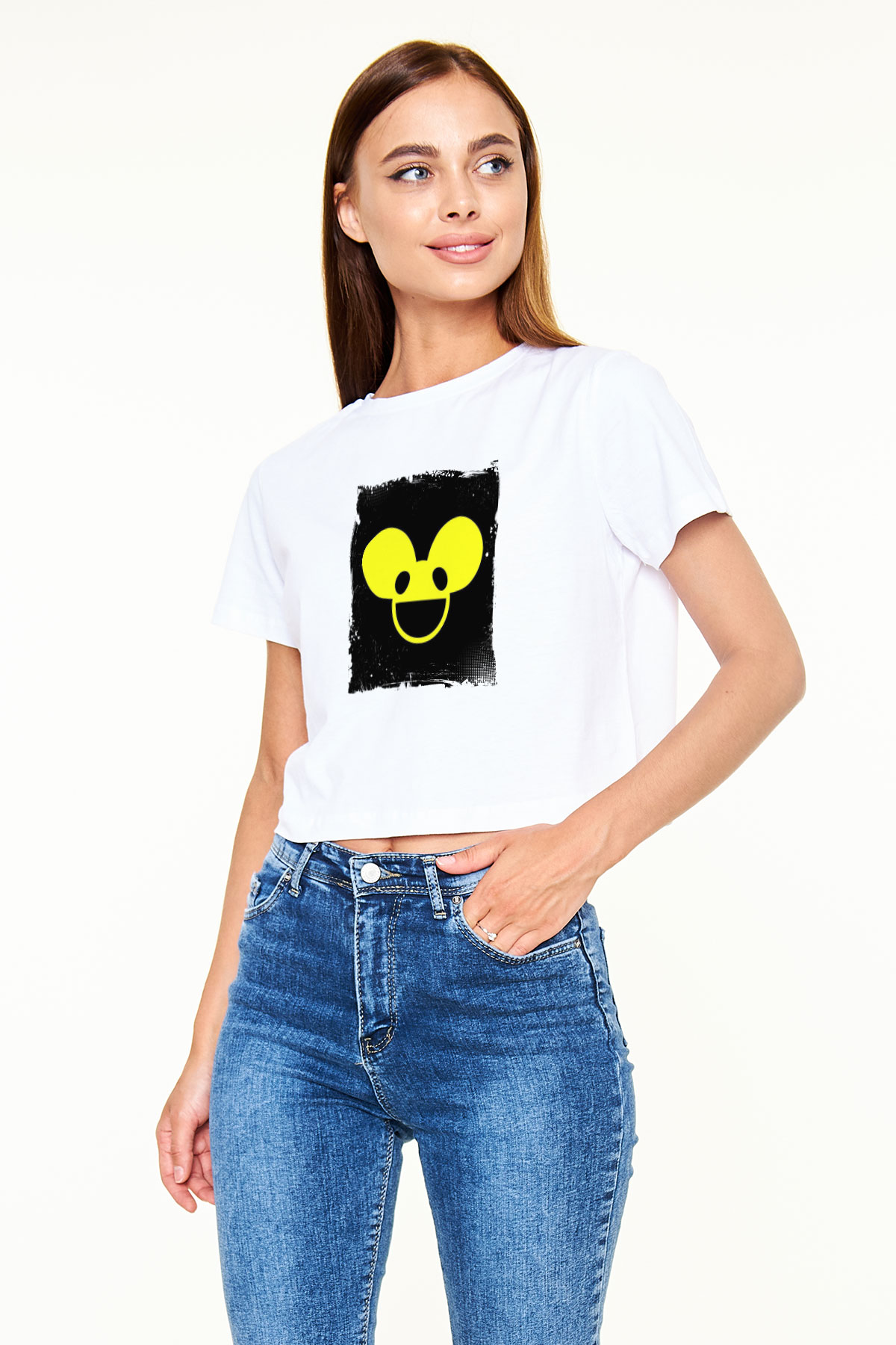 Deadmau5 Baskılı Beyaz Kadın Crop Top Tişört