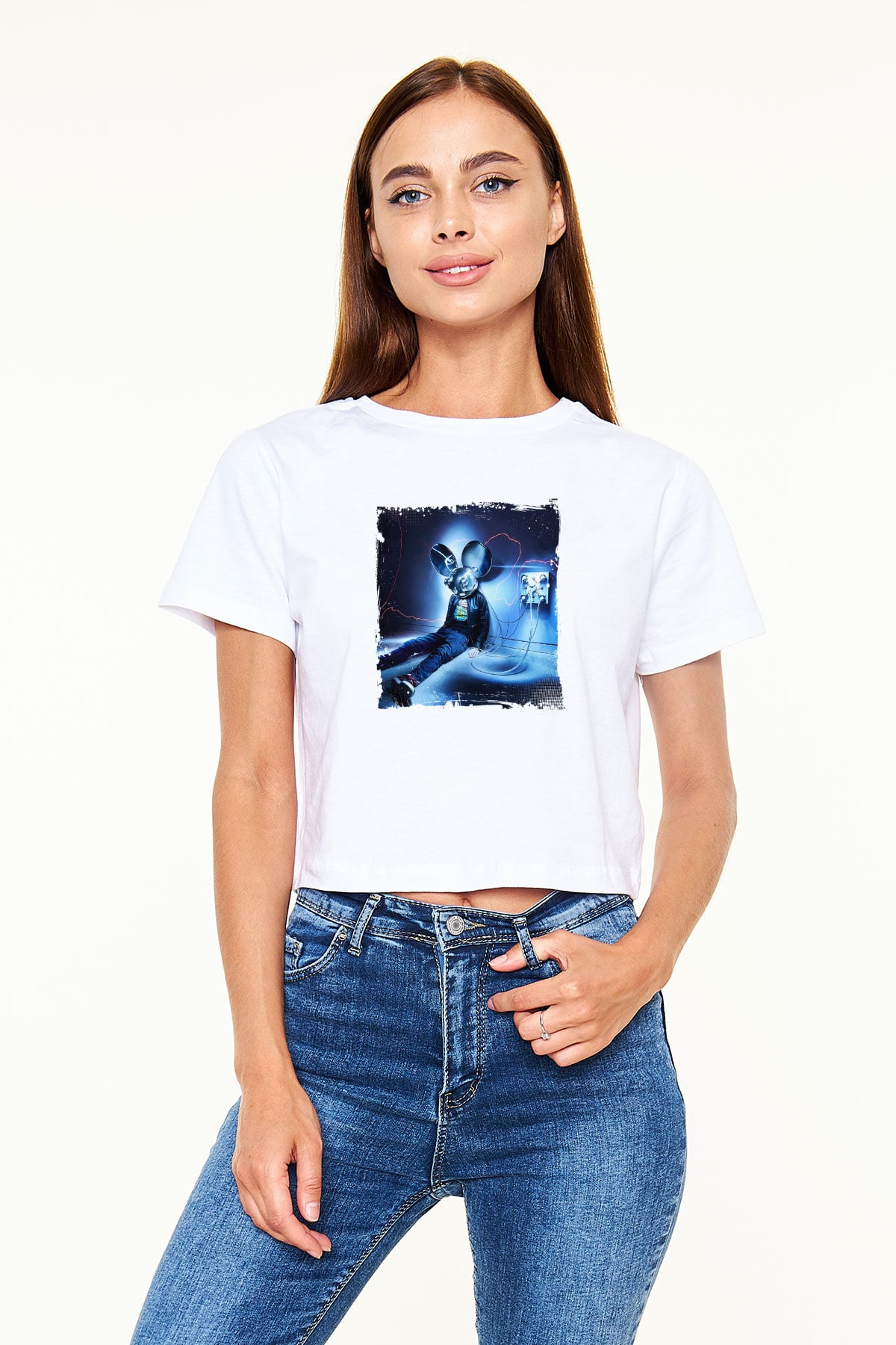 Deadmau5 Baskılı Beyaz Kadın Crop Top Tişört