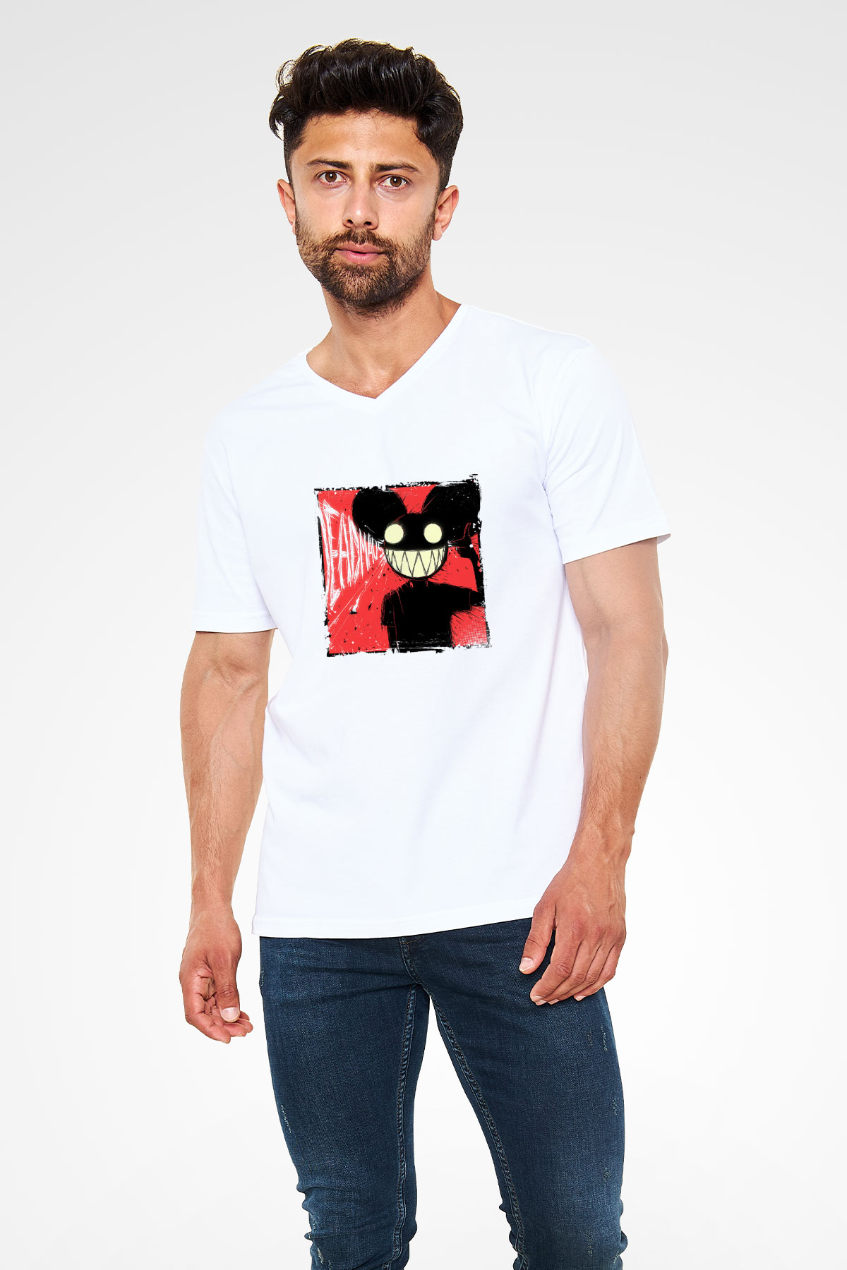 Deadmau5 Baskılı Beyaz V Yaka Unisex Tişört