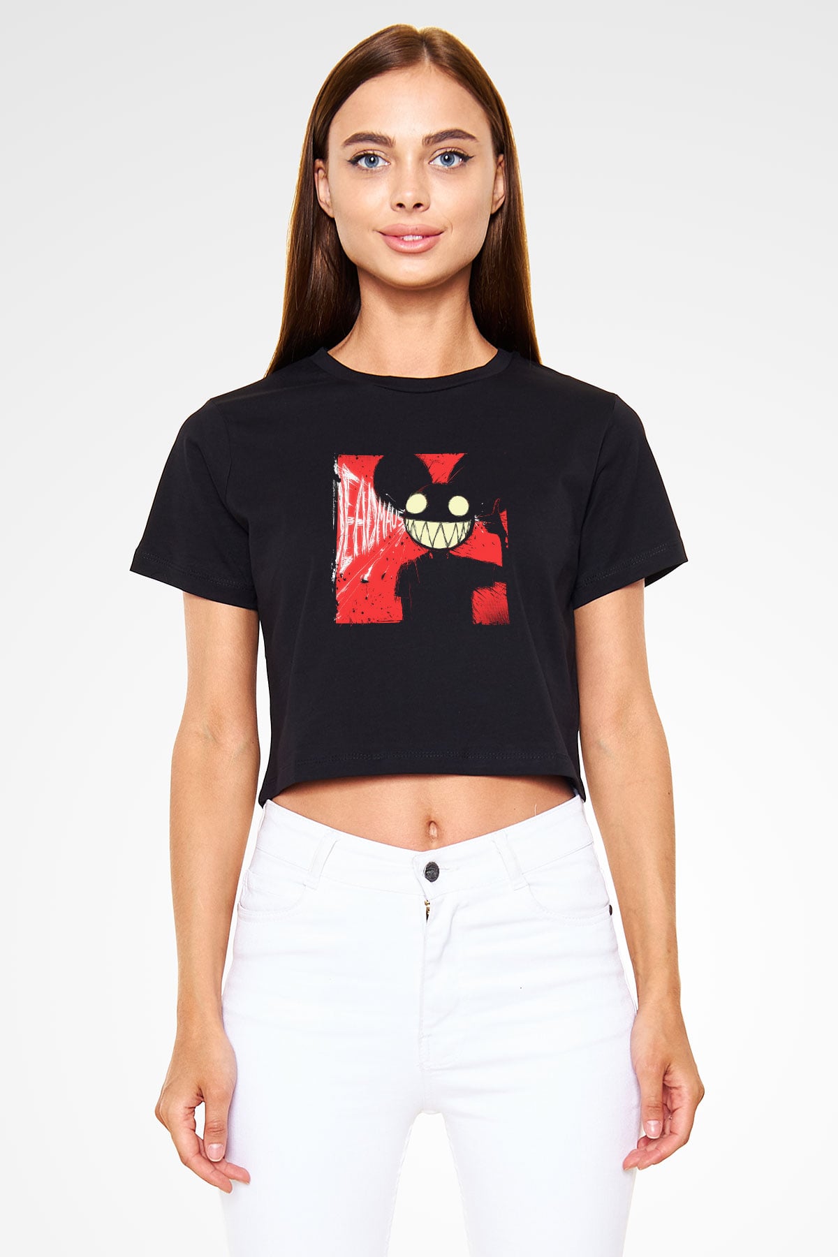 Deadmau5 Baskılı Crop Top Siyah Kadın Tişört
