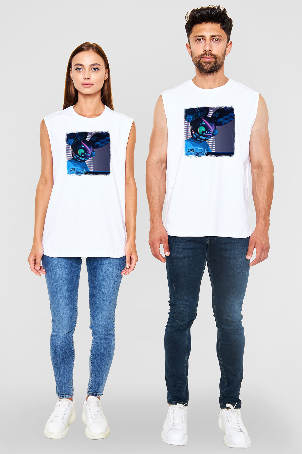 Deadmau5 Baskılı Unisex Beyaz Kolsuz Tişört