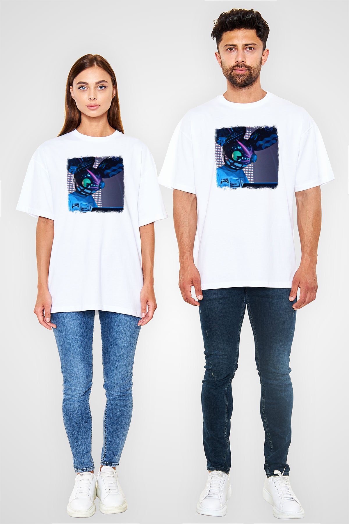 Deadmau5 Baskılı Unisex Beyaz Oversize Tişört