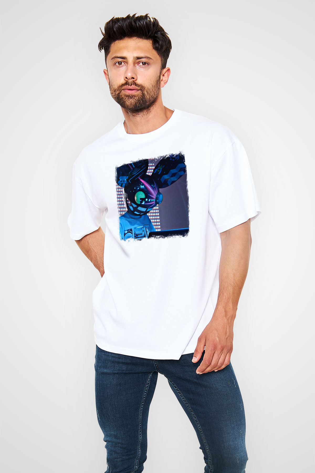 Deadmau5 Baskılı Unisex Beyaz Oversize Tişört