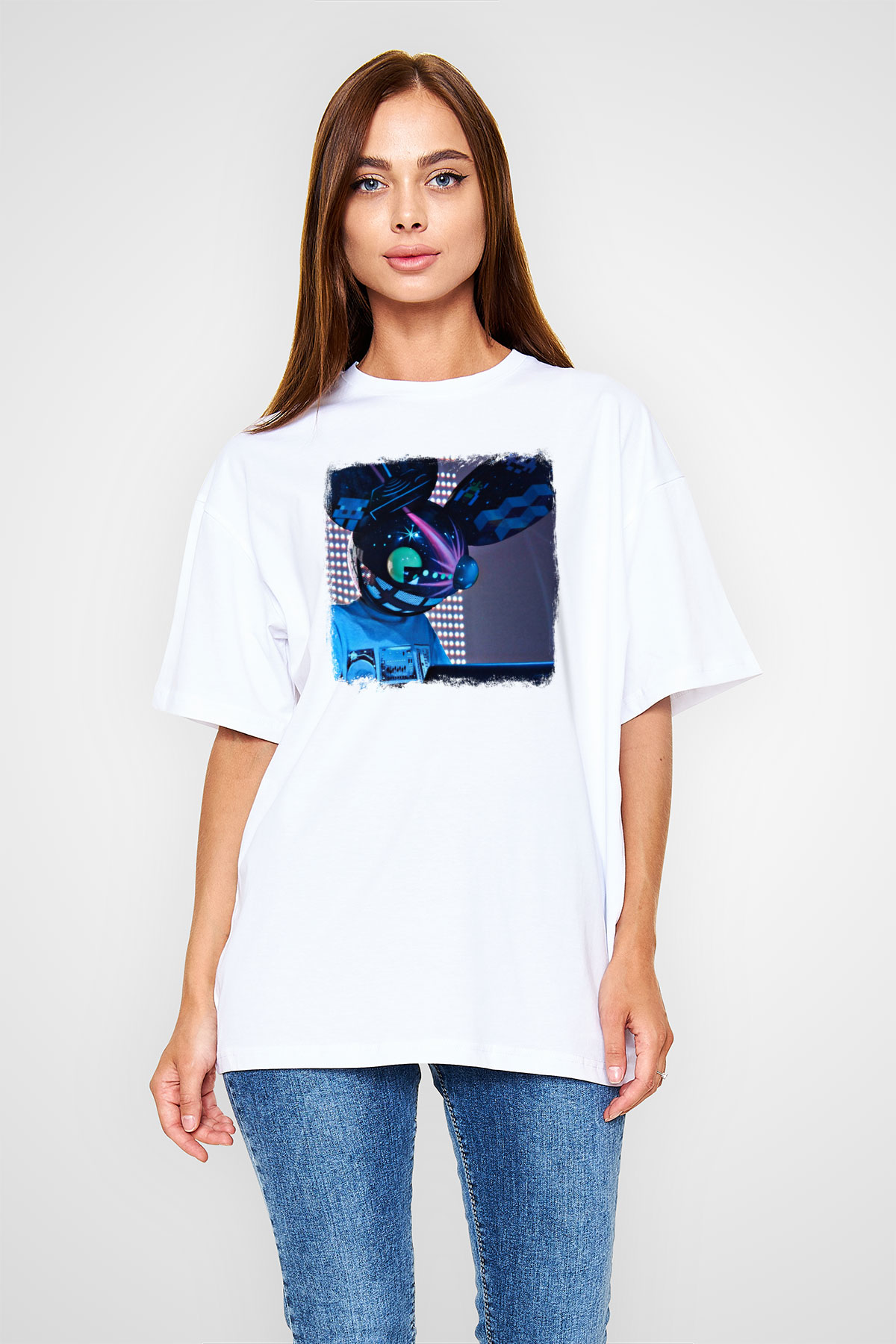 Deadmau5 Baskılı Unisex Beyaz Oversize Tişört