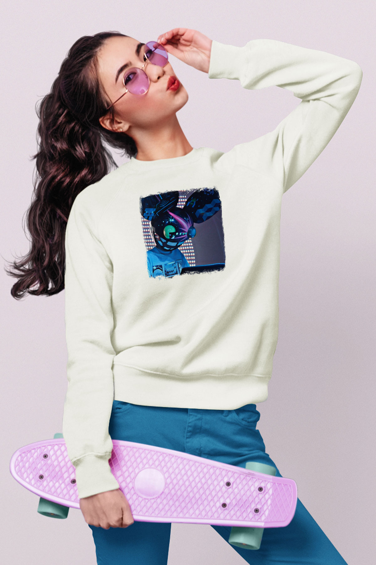 Deadmau5 Baskılı Unisex Beyaz Sweatshirt