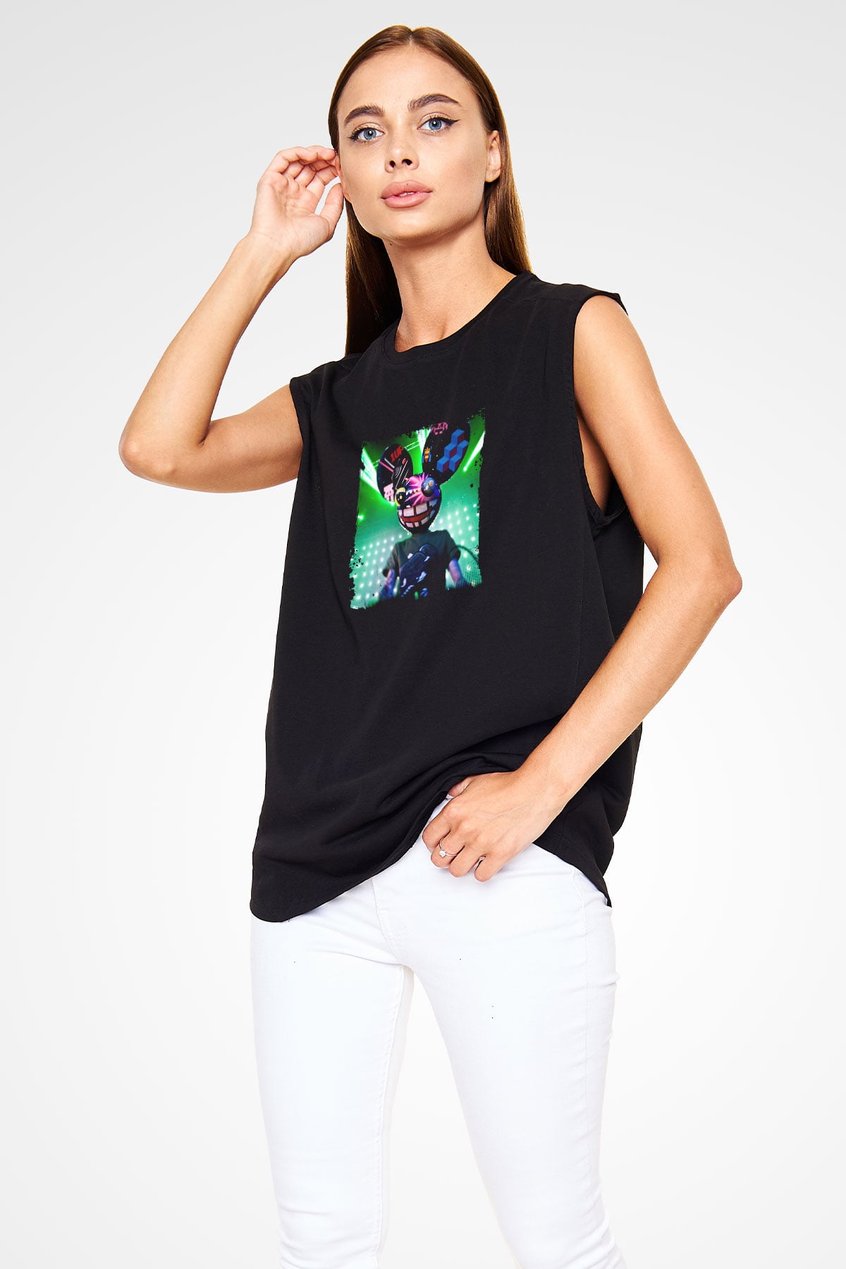 Deadmau5 Baskılı Unisex Siyah Kolsuz Tişört