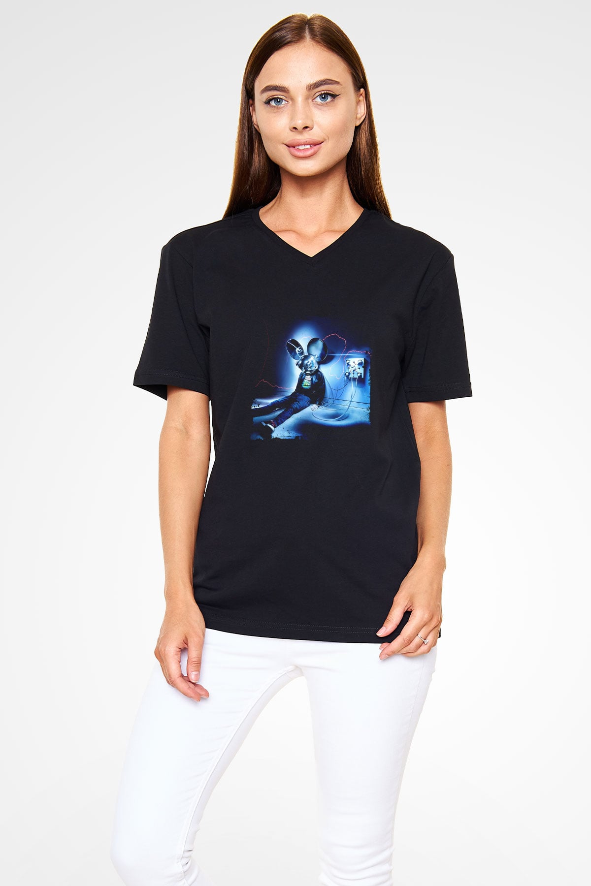 Deadmau5 Baskılı Unisex Siyah V Yaka Tişört