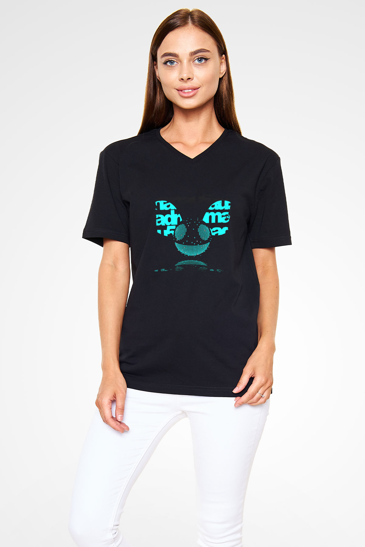 Deadmau5 Baskılı Unisex Siyah V Yaka Tişört