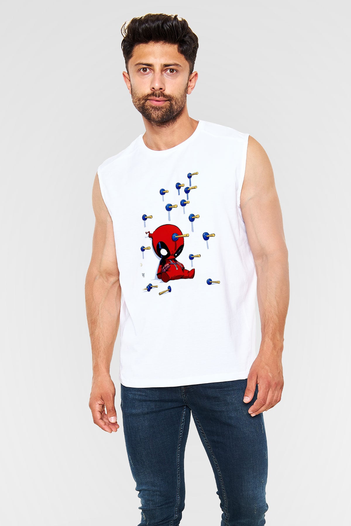 Deadpool Baskılı Unisex Beyaz  Kolsuz Tişört