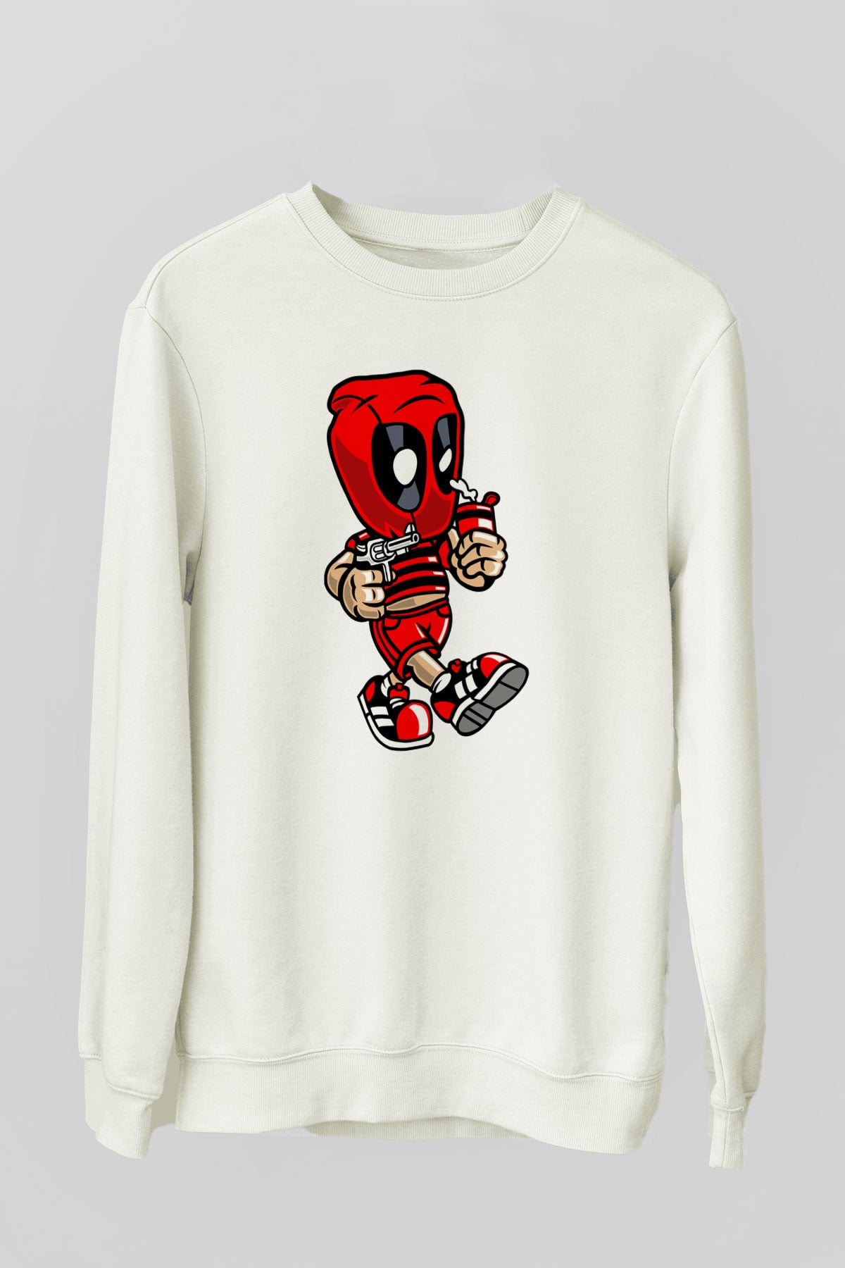 Deadpool Bastard Baskılı Unisex Beyaz Sweatshirt