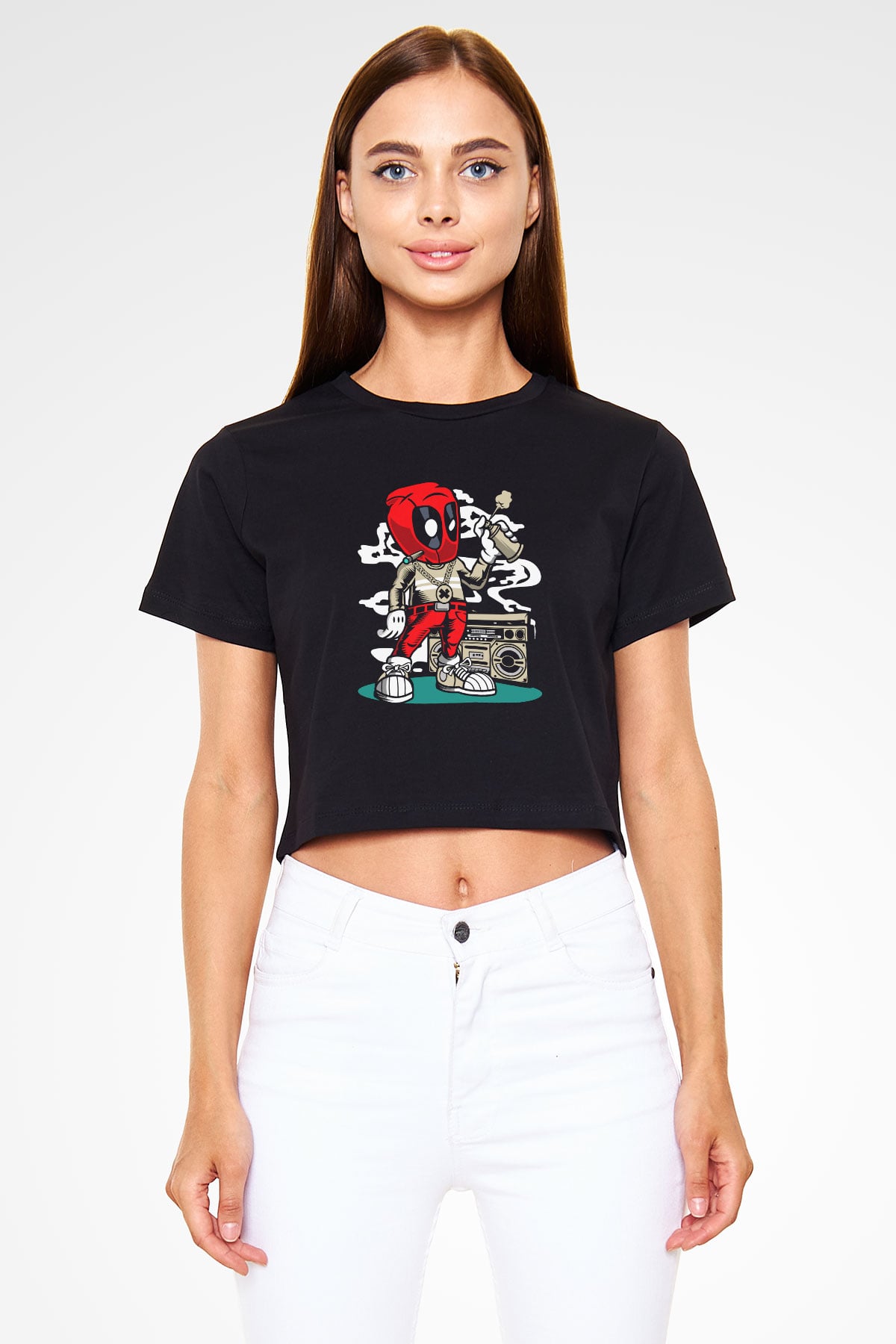 Deadpool Boombox Baskılı  Siyah  Crop Top Tişört
