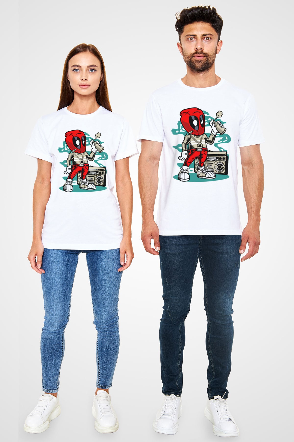 Deadpool Boombox Baskılı Unisex Beyaz Tişört