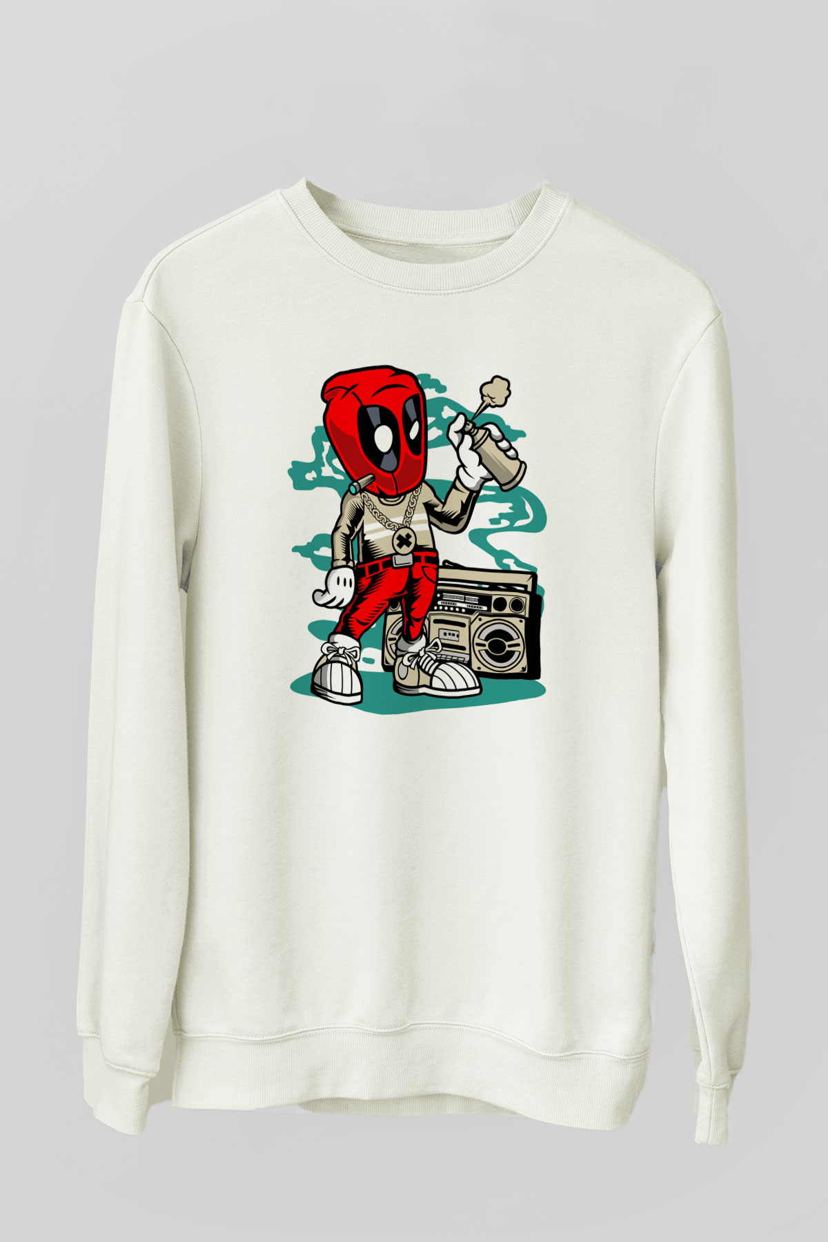 Deadpool Boombox Baskılı Unisex Beyaz Sweatshirt