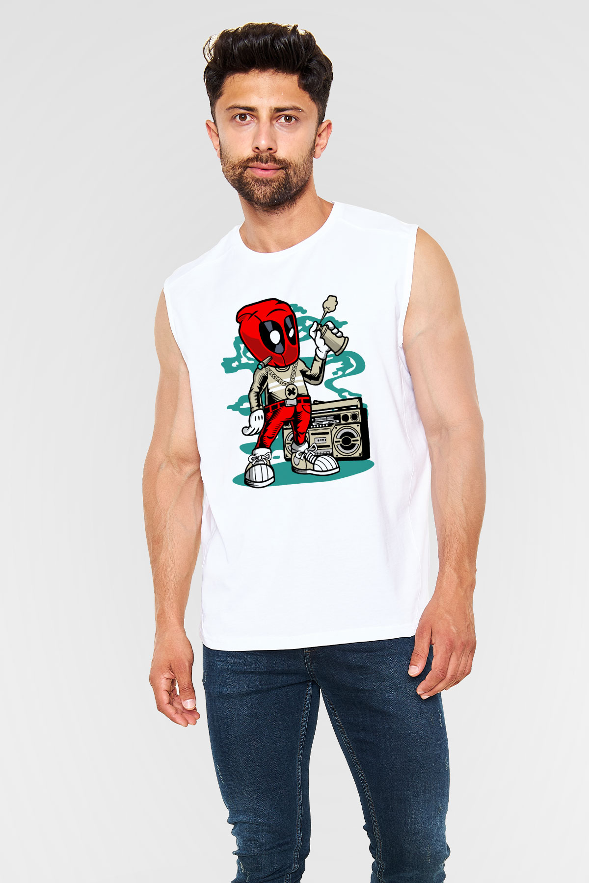 Deadpool Boombox Baskılı Unisex Beyaz Kolsuz Tişört