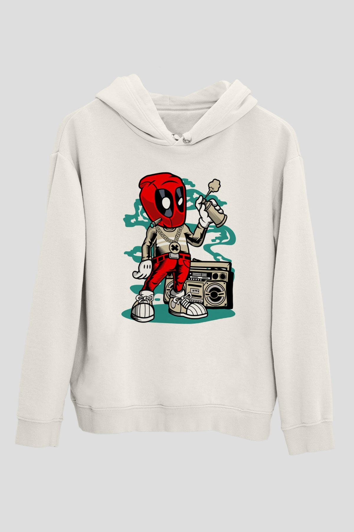 Deadpool Boombox Baskılı Unisex Beyaz Hoodie