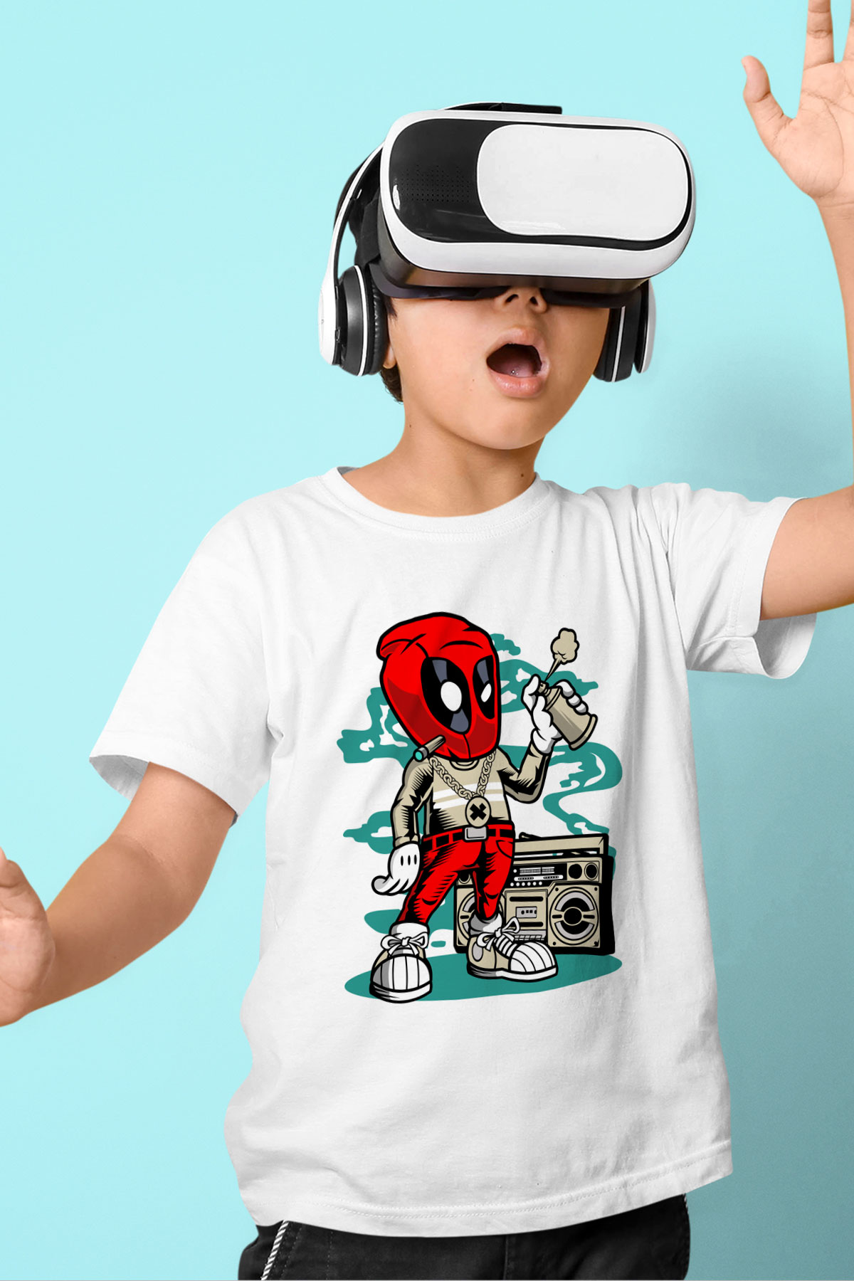 Deadpool Boombox Baskılı Unisex Beyaz Çocuk Tişört