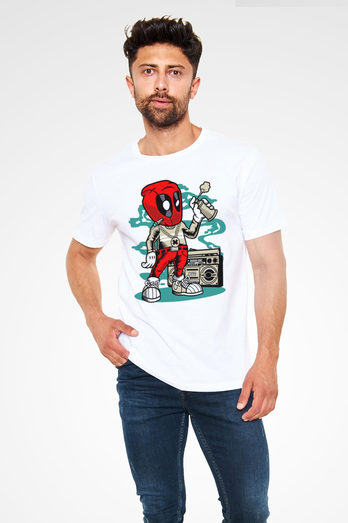 Deadpool Boombox Baskılı Unisex Beyaz Tişört
