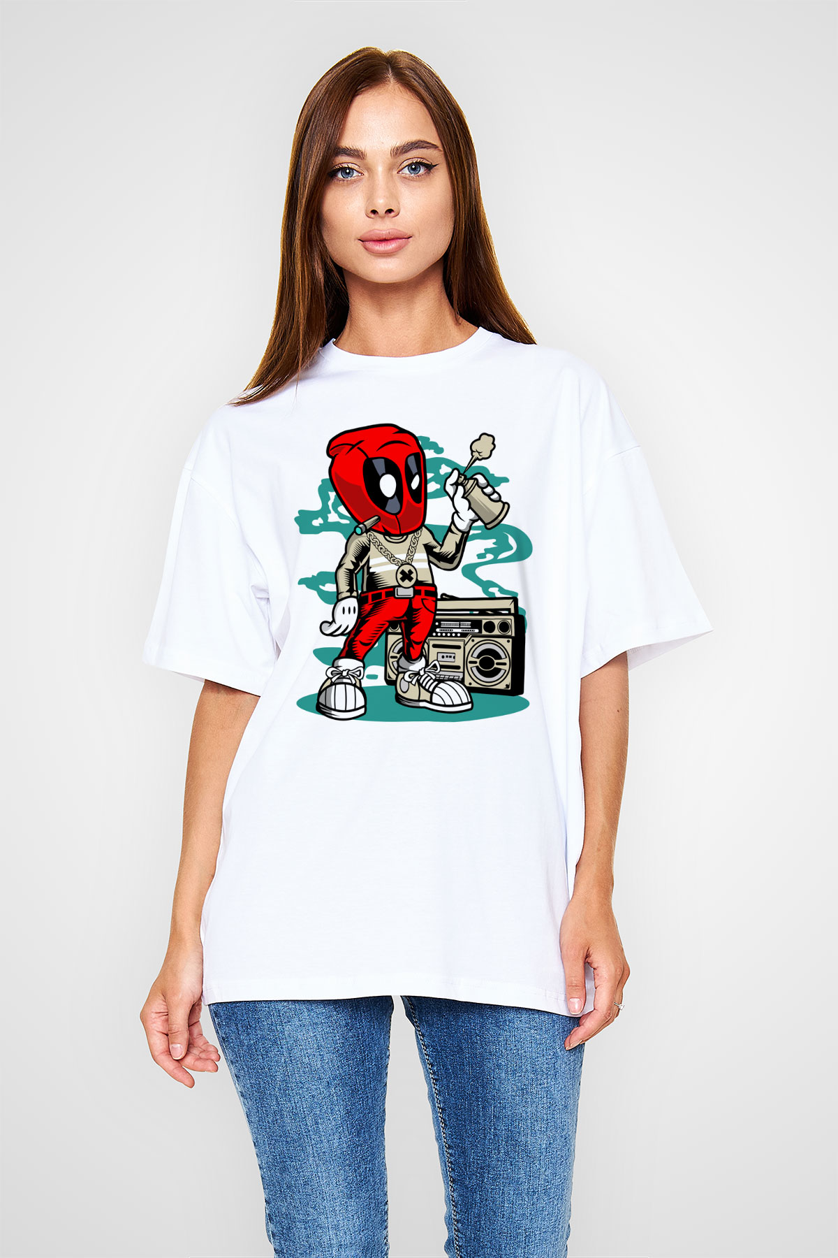 Deadpool Boombox Baskılı Unisex Beyaz Oversize Tişört