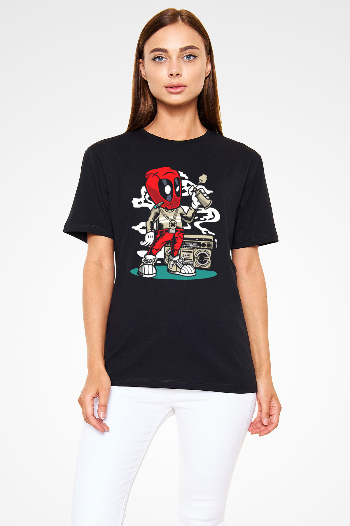 Deadpool Boombox Baskılı Unisex Siyah Tişört