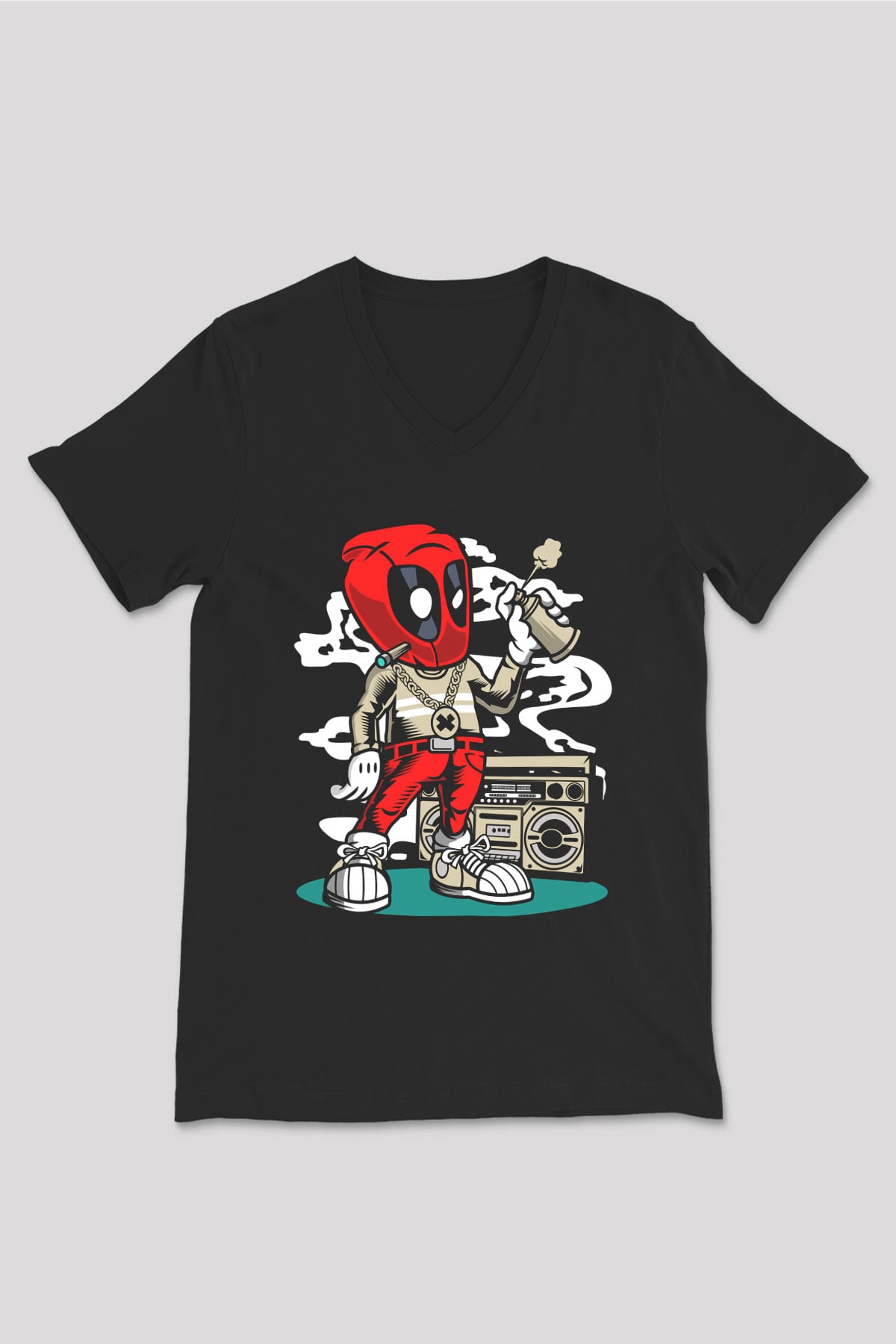 Deadpool Boombox Baskılı Unisex Siyah V Yaka Tişört