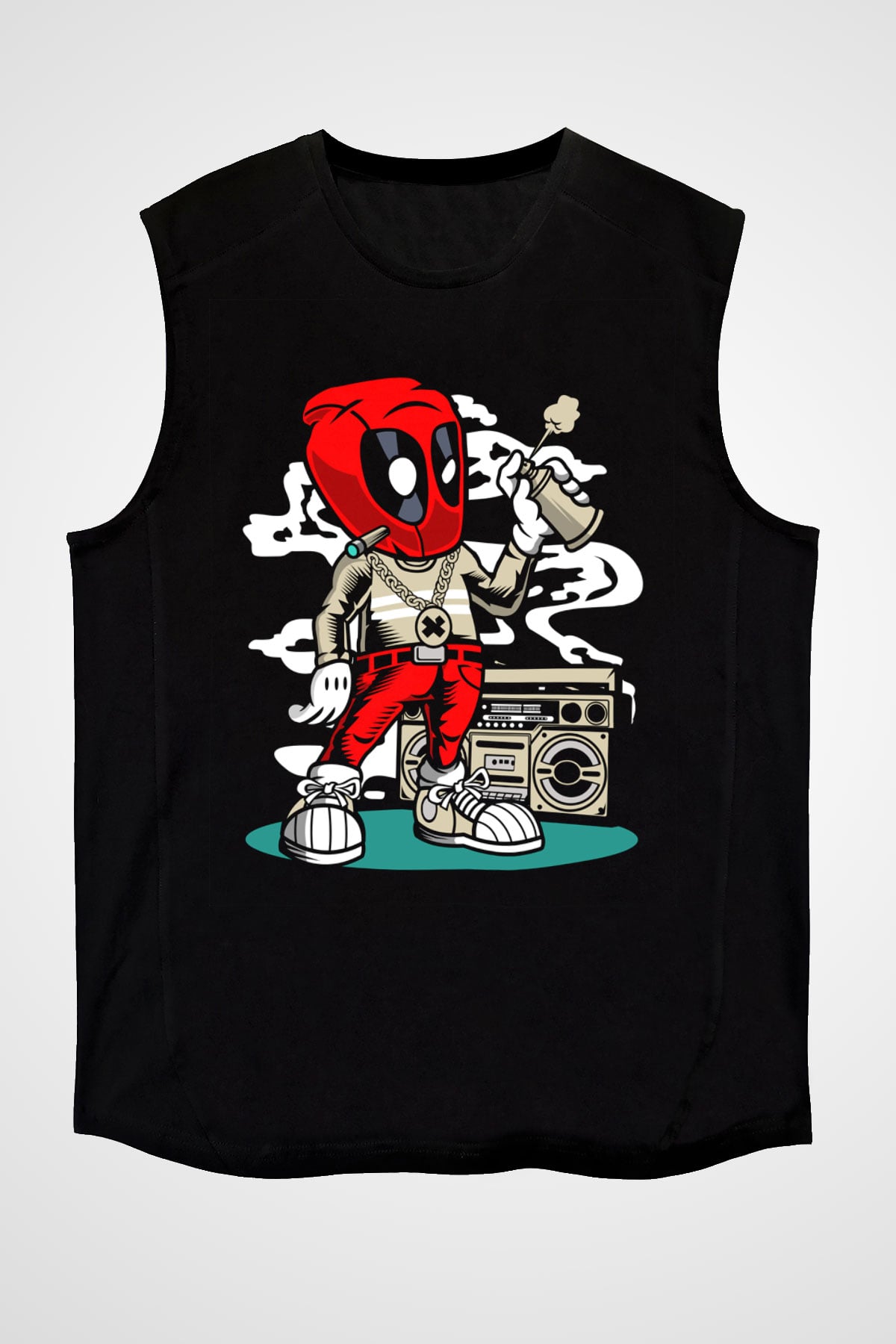 Deadpool Boombox Baskılı Unisex Siyah Kolsuz Tişört